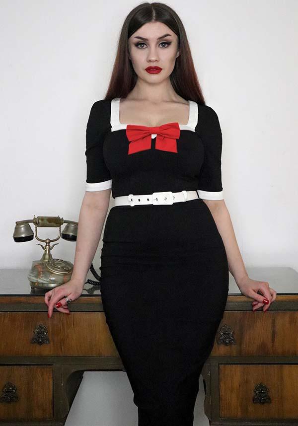 Sadie | 50s PENCIL DRESS - Beserk - 50s, 50s inspired, all, all clothing, all ladies clothing, black, black and white, bow, clothing, CO0000652137, collectif, discountapp, dress, dresses, fitted, fp, googleshopping, goth, gothic, jun23, knee length dress, labelnew, labelvegan, ladies clothing, ladies dress, ladies dresses, office, office clothing, pencil dress, plus, plus size, R150623, red and black, retro, sweet heart neckline, vegan, vintage, womens dress, womens dresses