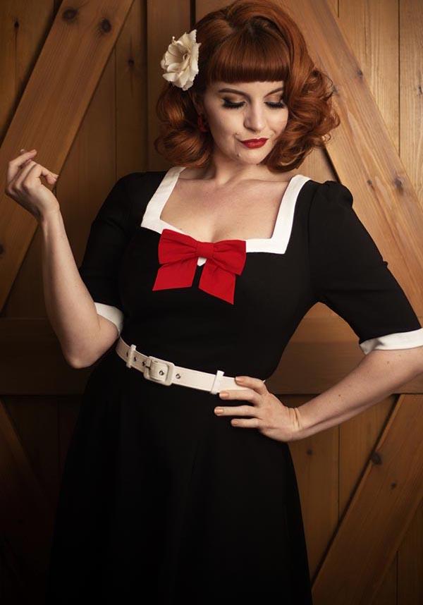 Sadie | 50s SWING DRESS - Beserk - 50s, 50s inspired, all, all clothing, all ladies clothing, belt, black, black and white, bow, clickfrenzy15-2023, clothing, CO197137, collectif, discountapp, dress, dressapril25, dresses, feb23, fp, googleshopping, goth, goth summer clothing, gothic, knee length dress, ladies clothing, ladies dress, ladies dresses, plus size, R050223, red, repriced240523, retro, short sleeved dress, summer clothing, vintage, waist belt, women, womens, womens dress, womens dresses