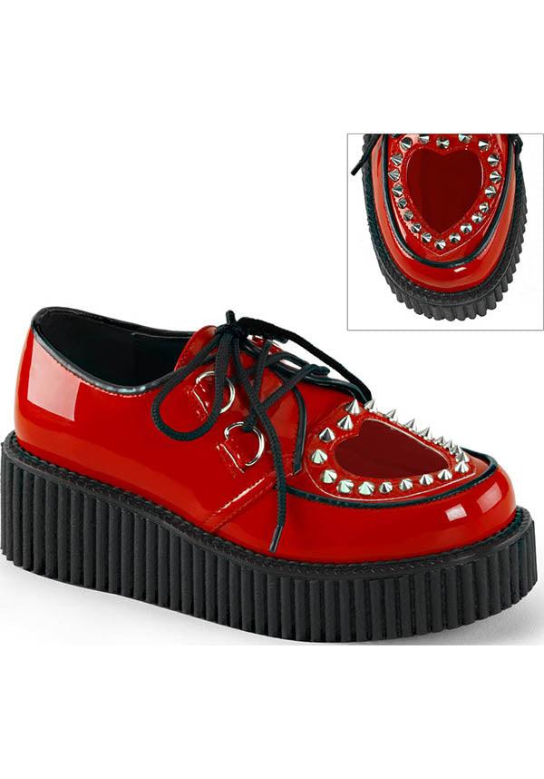 CREEPER-108 [Red] | PLATFORM CREEPERS [PREORDER] - Beserk - all, clickfrenzy15-2023, creeper, creepers, demonia, demonia shoes, discountapp, flats, flats [preorder], fp, heart, labelpreorder, labelvegan, platforms, platforms [preorder], pleaserimageupdated, ppo, preorder, red, shoes, spike, spiked shoe, spikes, spikey, stud, studded, studs, vegan