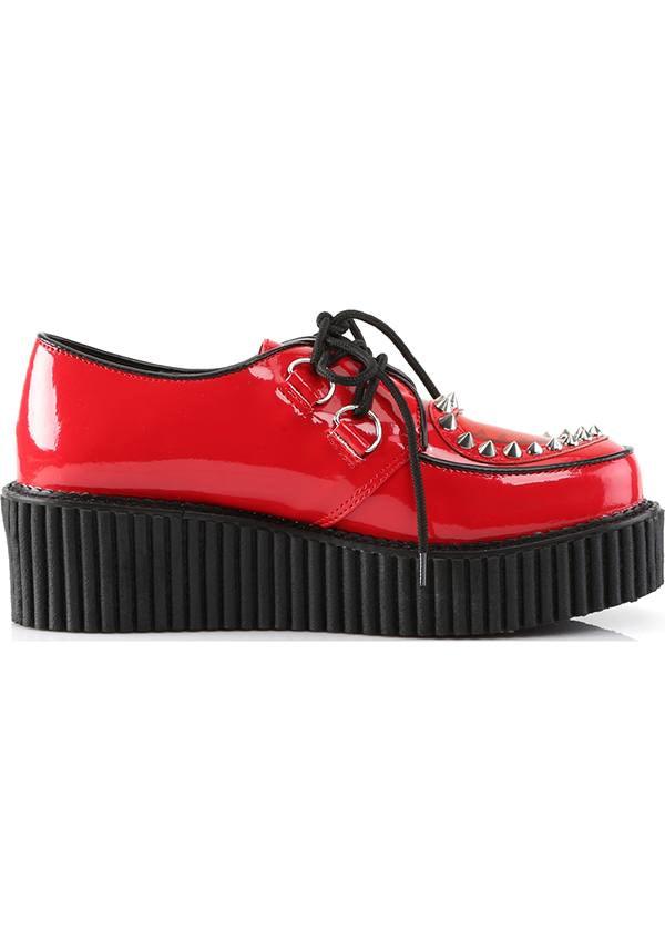 CREEPER-108 [Red] | PLATFORM CREEPERS [PREORDER] - Beserk - all, clickfrenzy15-2023, creeper, creepers, demonia, demonia shoes, discountapp, flats, flats [preorder], fp, heart, labelpreorder, labelvegan, platforms, platforms [preorder], pleaserimageupdated, ppo, preorder, red, shoes, spike, spiked shoe, spikes, spikey, stud, studded, studs, vegan