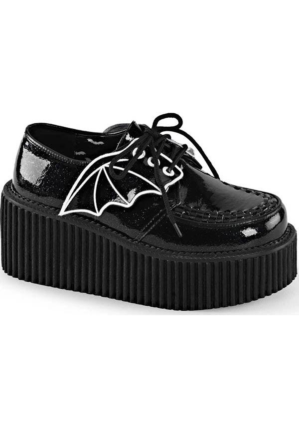 CREEPER-205 [Black Glitter] | CREEPERS [PREORDER] - Beserk - all, bat, bats, black, clickfrenzy15-2023, demonia, discountapp, fp, goth, gothic, halloween, halloween shoes, labelpreorder, labelvegan, lace up, lolita, platform, platforms, platforms [preorder], ppo, preorder, shoes, vegan