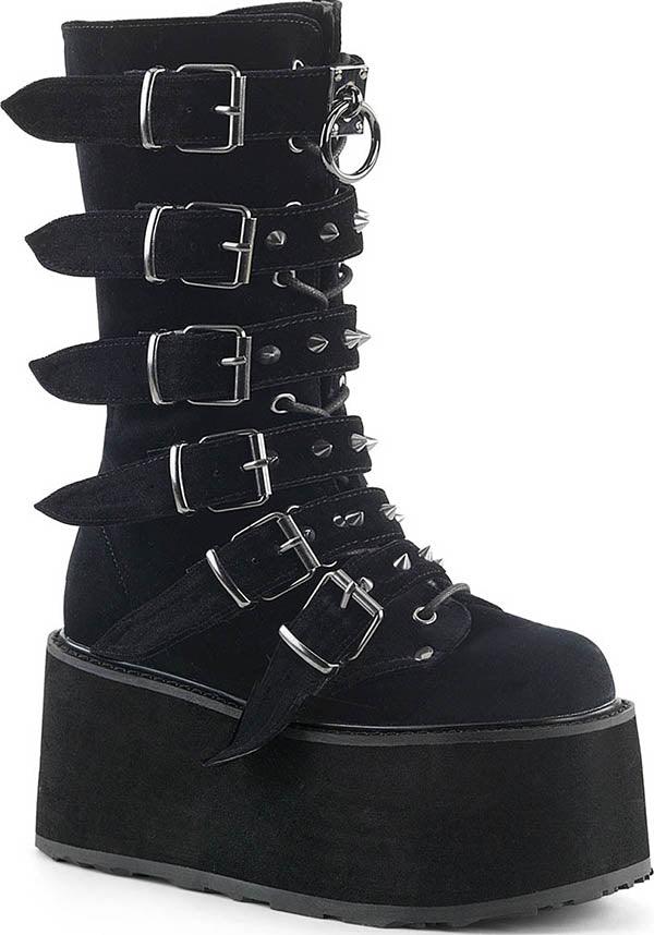 DAMNED-225 [Black Velvet] | PLATFORM BOOTS [PREORDER] - Beserk - all, black, boots, boots [preorder], clickfrenzy15-2023, demonia, demonia shoes, discountapp, fp, labelpreorder, labelvegan, platforms, platforms [preorder], pleaserimageupdated, post apocalyptic, ppo, preorder, shoes, vegan, velvet
