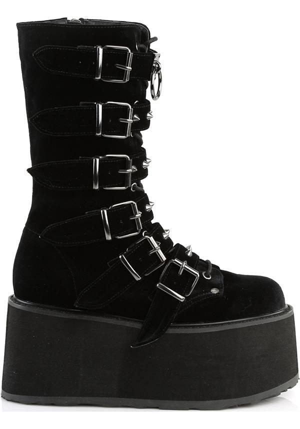 DAMNED-225 [Black Velvet] | PLATFORM BOOTS [PREORDER] - Beserk - all, black, boots, boots [preorder], clickfrenzy15-2023, demonia, demonia shoes, discountapp, fp, labelpreorder, labelvegan, platforms, platforms [preorder], pleaserimageupdated, post apocalyptic, ppo, preorder, shoes, vegan, velvet