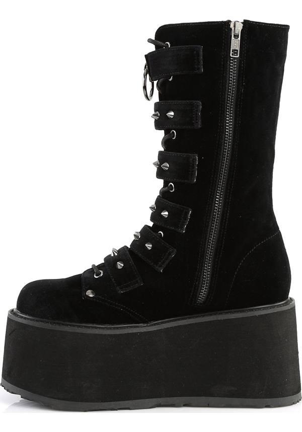 DAMNED-225 [Black Velvet] | PLATFORM BOOTS [PREORDER] - Beserk - all, black, boots, boots [preorder], clickfrenzy15-2023, demonia, demonia shoes, discountapp, fp, labelpreorder, labelvegan, platforms, platforms [preorder], pleaserimageupdated, post apocalyptic, ppo, preorder, shoes, vegan, velvet