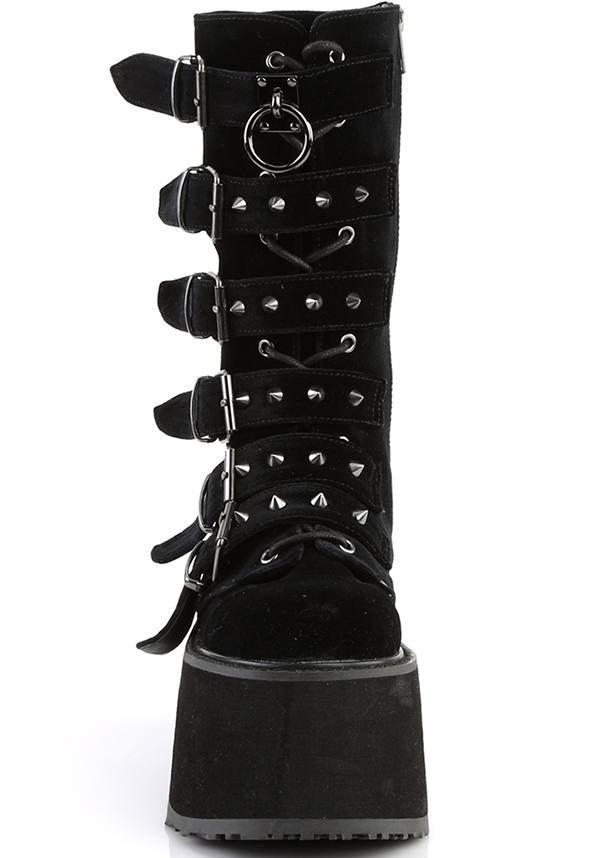 DAMNED-225 [Black Velvet] | PLATFORM BOOTS [PREORDER] - Beserk - all, black, boots, boots [preorder], clickfrenzy15-2023, demonia, demonia shoes, discountapp, fp, labelpreorder, labelvegan, platforms, platforms [preorder], pleaserimageupdated, post apocalyptic, ppo, preorder, shoes, vegan, velvet