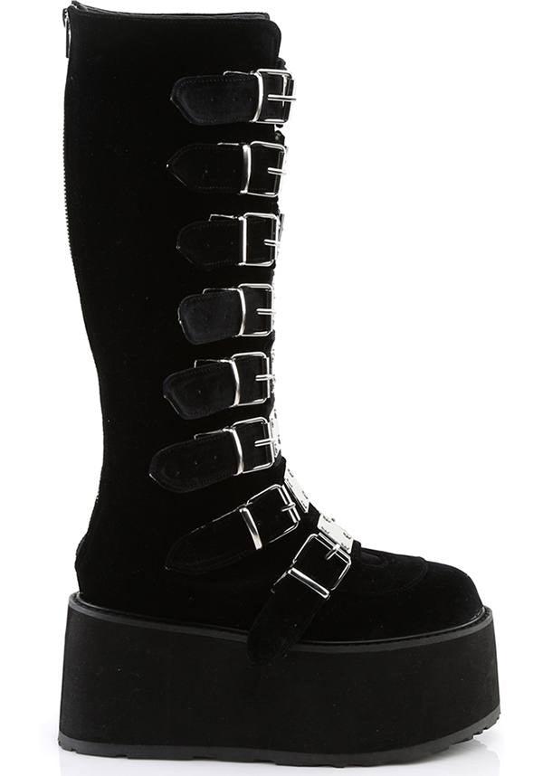 DAMNED-318 [Black Velvet] | PLATFORM BOOTS [PREORDER] - Beserk - 01062020, all, black, boot, boots, boots [preorder], clickfrenzy15-2023, demonia, discountapp, fp, goth, gothic, halloween, knee high boots, labelpreorder, labelvegan, platform, platform boots, platforms, platforms [preorder], pleaserimageupdated, post apocalyptic, ppo, preorder, punk, shoes, vegan, velvet