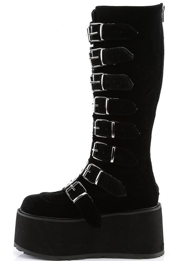 DAMNED-318 [Black Velvet] | PLATFORM BOOTS [PREORDER] - Beserk - 01062020, all, black, boot, boots, boots [preorder], clickfrenzy15-2023, demonia, discountapp, fp, goth, gothic, halloween, knee high boots, labelpreorder, labelvegan, platform, platform boots, platforms, platforms [preorder], pleaserimageupdated, post apocalyptic, ppo, preorder, punk, shoes, vegan, velvet
