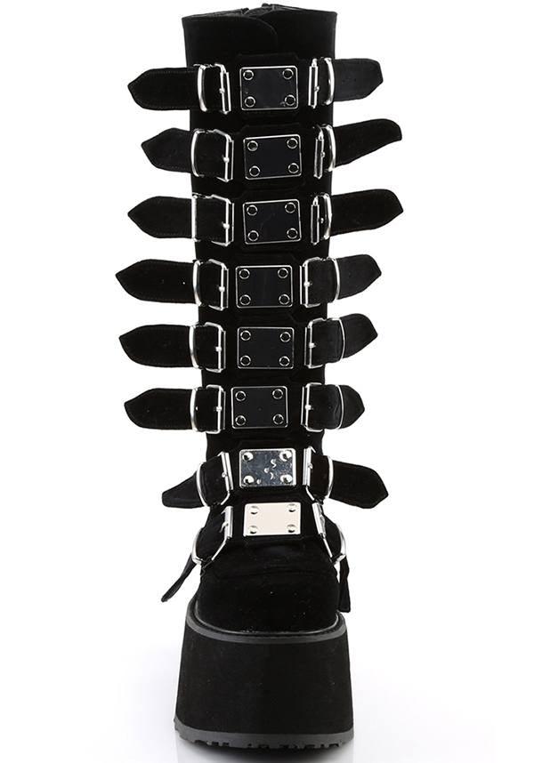 DAMNED-318 [Black Velvet] | PLATFORM BOOTS [PREORDER] - Beserk - 01062020, all, black, boot, boots, boots [preorder], clickfrenzy15-2023, demonia, discountapp, fp, goth, gothic, halloween, knee high boots, labelpreorder, labelvegan, platform, platform boots, platforms, platforms [preorder], pleaserimageupdated, post apocalyptic, ppo, preorder, punk, shoes, vegan, velvet