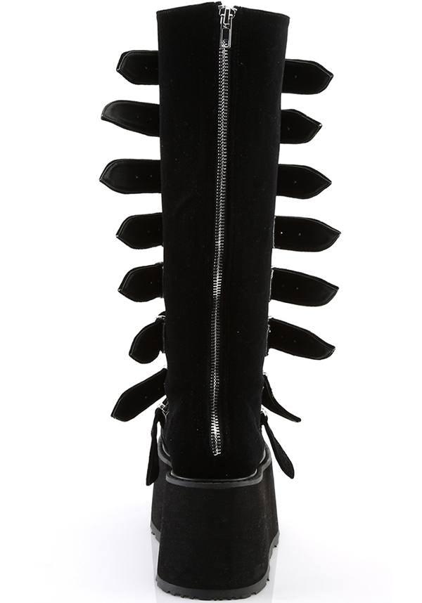 DAMNED-318 [Black Velvet] | PLATFORM BOOTS [PREORDER] - Beserk - 01062020, all, black, boot, boots, boots [preorder], clickfrenzy15-2023, demonia, discountapp, fp, goth, gothic, halloween, knee high boots, labelpreorder, labelvegan, platform, platform boots, platforms, platforms [preorder], pleaserimageupdated, post apocalyptic, ppo, preorder, punk, shoes, vegan, velvet