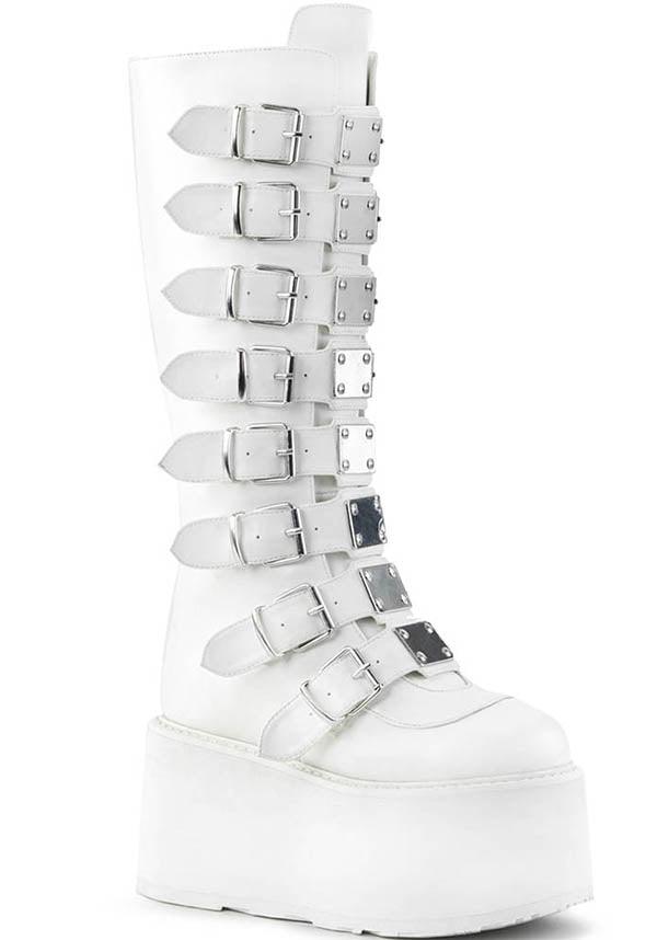DAMNED-318 [White] | PLATFORM BOOTS [PREORDER] - Beserk - all, boot, boots, boots [preorder], clickfrenzy15-2023, demonia, demonia shoes, discountapp, festival, fp, knee high boots, labelpreorder, labelvegan, long boots, pastel goth, platform boots, platforms, platforms [preorder], pleaserimageupdated, post apocalyptic, ppo, preorder, shoes, vegan, white