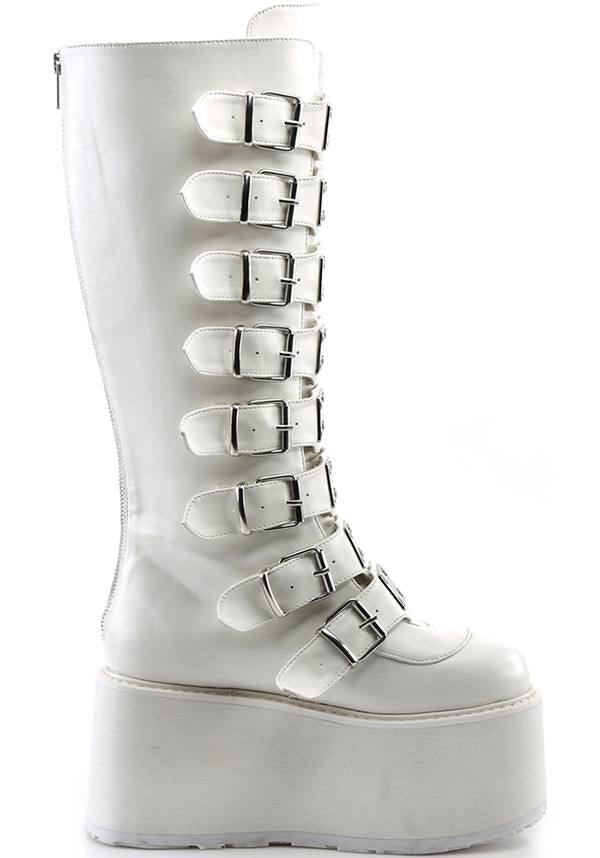 DAMNED-318 [White] | PLATFORM BOOTS [PREORDER] - Beserk - all, boot, boots, boots [preorder], clickfrenzy15-2023, demonia, demonia shoes, discountapp, festival, fp, knee high boots, labelpreorder, labelvegan, long boots, pastel goth, platform boots, platforms, platforms [preorder], pleaserimageupdated, post apocalyptic, ppo, preorder, shoes, vegan, white