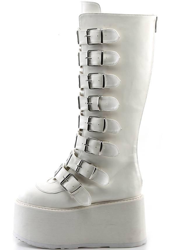 DAMNED-318 [White] | PLATFORM BOOTS [PREORDER] - Beserk - all, boot, boots, boots [preorder], clickfrenzy15-2023, demonia, demonia shoes, discountapp, festival, fp, knee high boots, labelpreorder, labelvegan, long boots, pastel goth, platform boots, platforms, platforms [preorder], pleaserimageupdated, post apocalyptic, ppo, preorder, shoes, vegan, white