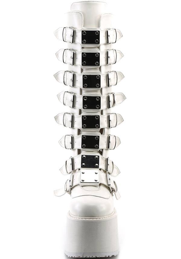 DAMNED-318 [White] | PLATFORM BOOTS [PREORDER] - Beserk - all, boot, boots, boots [preorder], clickfrenzy15-2023, demonia, demonia shoes, discountapp, festival, fp, knee high boots, labelpreorder, labelvegan, long boots, pastel goth, platform boots, platforms, platforms [preorder], pleaserimageupdated, post apocalyptic, ppo, preorder, shoes, vegan, white