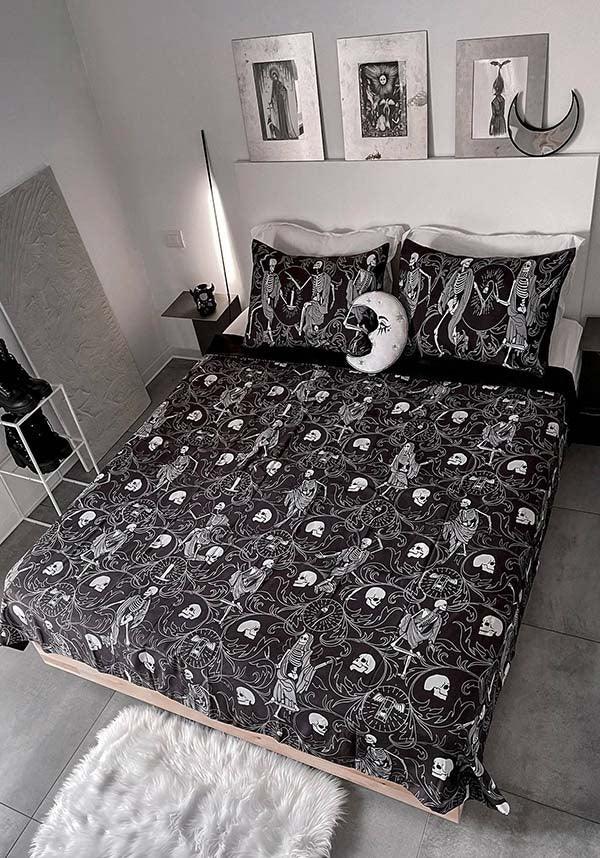 Danse Macabre [Twin] | BEDDING SET - Beserk - all, bed, bed linen, bedding, bedroom, black, black and white, christmas gift, christmas gifts, discountapp, fp, gift, gift idea, gift ideas, gifts, googleshopping, goth, goth homeware, goth homewares, gothic, gothic gifts, gothic homeware, gothic homewares, halloween homeware, halloween homewares, home, homeware, homewares, jun23, KS1096361, labelnew, ornate, quilt, quilt cover, R220623, skeleton, skull, skulll, skulls