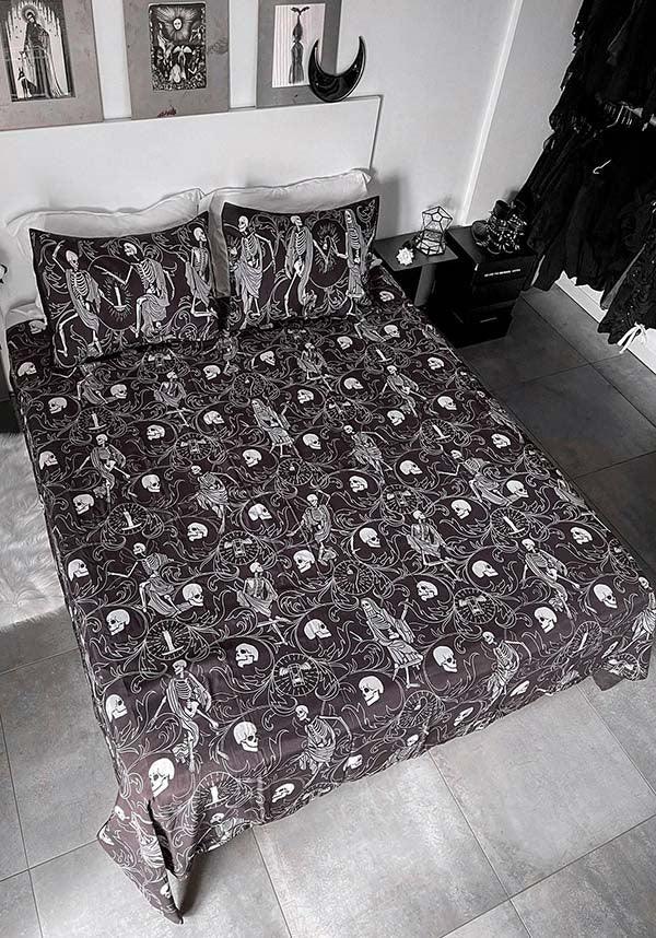 Danse Macabre [Twin] | BEDDING SET - Beserk - all, bed, bed linen, bedding, bedroom, black, black and white, christmas gift, christmas gifts, discountapp, fp, gift, gift idea, gift ideas, gifts, googleshopping, goth, goth homeware, goth homewares, gothic, gothic gifts, gothic homeware, gothic homewares, halloween homeware, halloween homewares, home, homeware, homewares, jun23, KS1096361, labelnew, ornate, quilt, quilt cover, R220623, skeleton, skull, skulll, skulls