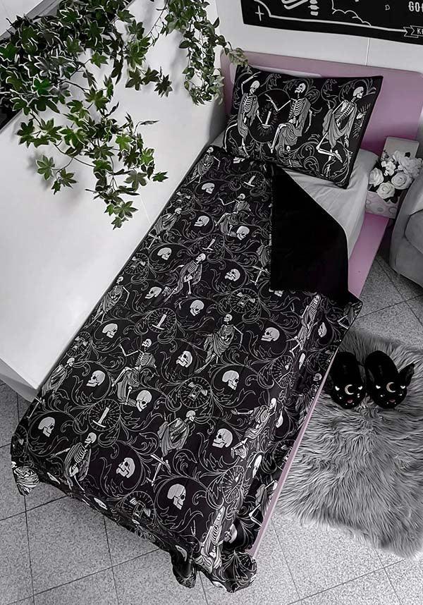 Danse Macabre [Twin] | BEDDING SET - Beserk - all, bed, bed linen, bedding, bedroom, black, black and white, christmas gift, christmas gifts, discountapp, fp, gift, gift idea, gift ideas, gifts, googleshopping, goth, goth homeware, goth homewares, gothic, gothic gifts, gothic homeware, gothic homewares, halloween homeware, halloween homewares, home, homeware, homewares, jun23, KS1096361, labelnew, ornate, quilt, quilt cover, R220623, skeleton, skull, skulll, skulls