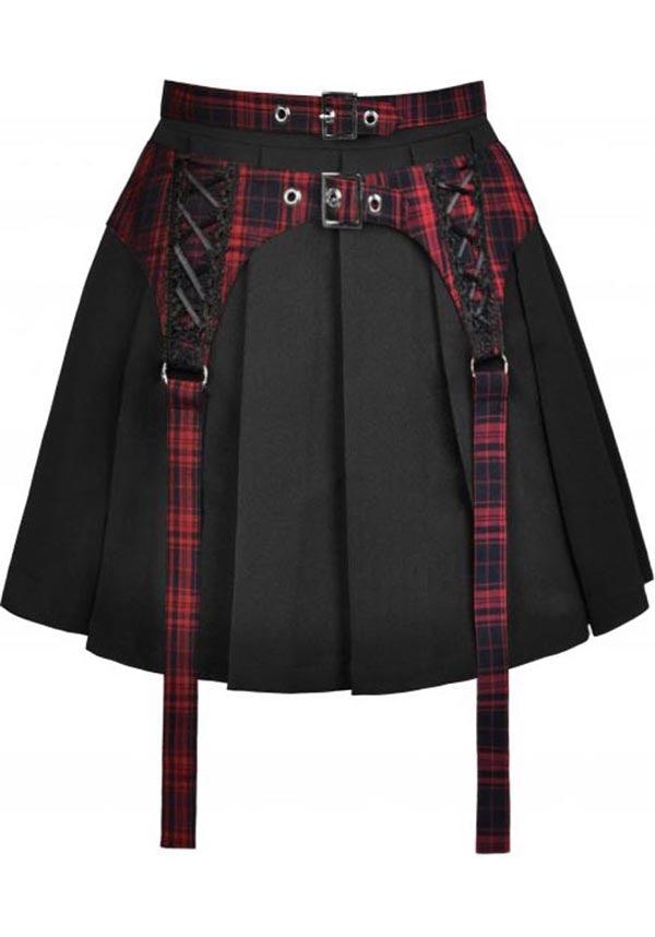 Nimue | SKIRT^ - Beserk - all, all clothing, all ladies clothing, anime skirt, backorder, black, buckles, clickfrenzy15-2023, clothing, dark in love, DIL220811, discountapp, fp, googleshopping, goth, gothic, grunge, ladies clothing, ladies skirt, mini skirt, plaid, punk, R130922, red, sep22, Sept, short skirt, skirt, skirts, street ware, street wear, streetwear, tartan, womens skirt