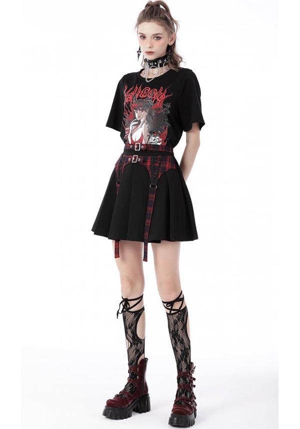 Nimue | SKIRT^ - Beserk - all, all clothing, all ladies clothing, anime skirt, backorder, black, buckles, clickfrenzy15-2023, clothing, dark in love, DIL220811, discountapp, fp, googleshopping, goth, gothic, grunge, ladies clothing, ladies skirt, mini skirt, plaid, punk, R130922, red, sep22, Sept, short skirt, skirt, skirts, street ware, street wear, streetwear, tartan, womens skirt
