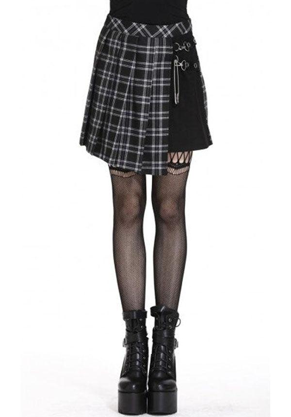 Pleated Grid Irregular [Black] | HEM SKIRT - Beserk - all, all clothing, all ladies, all ladies clothing, anime skirt, black, black and white, checkered, clickfrenzy15-2023, clothing, cosplay, dark in love, discountapp, edgy, fp, goth, gothic, grey, grunge, jun20, ladies, ladies clothing, ladies skirt, punk, repriced090623, rock, short skirt, skirt, tartan, women, womens skirt