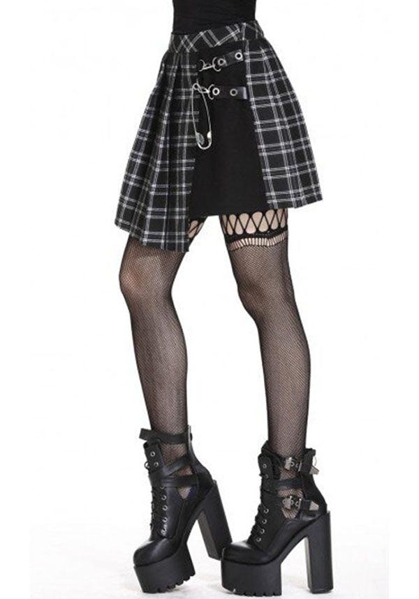 Pleated Grid Irregular [Black] | HEM SKIRT - Beserk - all, all clothing, all ladies, all ladies clothing, anime skirt, black, black and white, checkered, clickfrenzy15-2023, clothing, cosplay, dark in love, discountapp, edgy, fp, goth, gothic, grey, grunge, jun20, ladies, ladies clothing, ladies skirt, punk, repriced090623, rock, short skirt, skirt, tartan, women, womens skirt