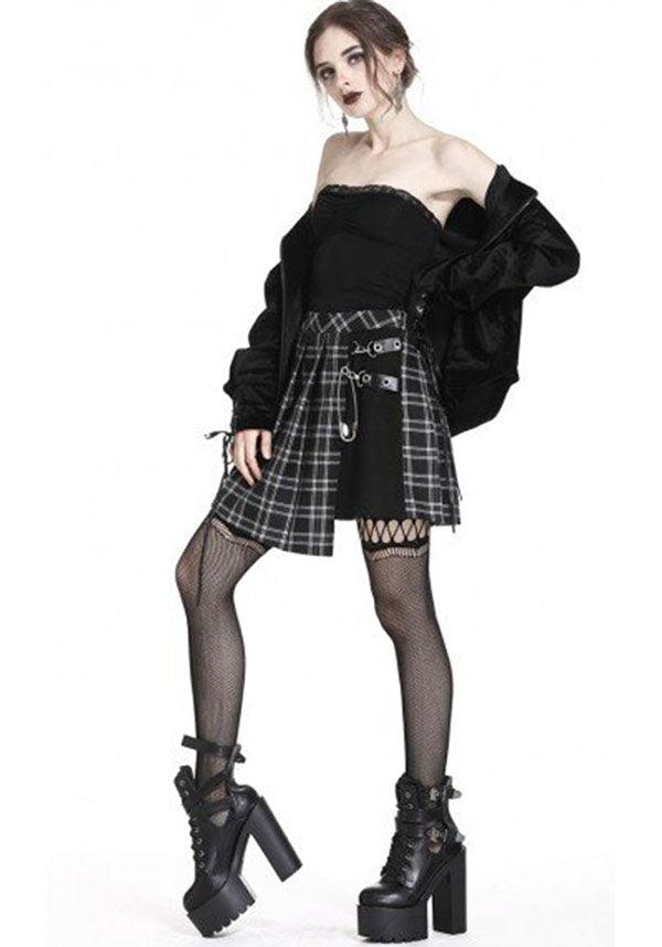 Pleated Grid Irregular [Black] | HEM SKIRT - Beserk - all, all clothing, all ladies, all ladies clothing, anime skirt, black, black and white, checkered, clickfrenzy15-2023, clothing, cosplay, dark in love, discountapp, edgy, fp, goth, gothic, grey, grunge, jun20, ladies, ladies clothing, ladies skirt, punk, repriced090623, rock, short skirt, skirt, tartan, women, womens skirt