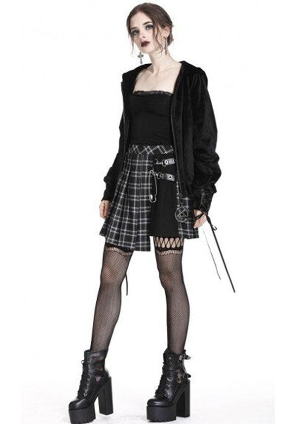 Pleated Grid Irregular [Black] | HEM SKIRT - Beserk - all, all clothing, all ladies, all ladies clothing, anime skirt, black, black and white, checkered, clickfrenzy15-2023, clothing, cosplay, dark in love, discountapp, edgy, fp, goth, gothic, grey, grunge, jun20, ladies, ladies clothing, ladies skirt, punk, repriced090623, rock, short skirt, skirt, tartan, women, womens skirt