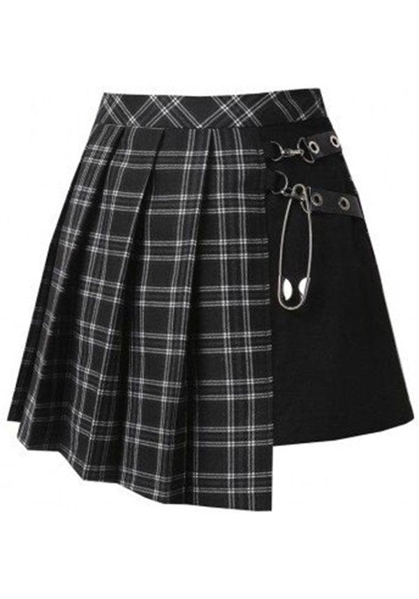 Pleated Grid Irregular [Black] | HEM SKIRT - Beserk - all, all clothing, all ladies, all ladies clothing, anime skirt, black, black and white, checkered, clickfrenzy15-2023, clothing, cosplay, dark in love, discountapp, edgy, fp, goth, gothic, grey, grunge, jun20, ladies, ladies clothing, ladies skirt, punk, repriced090623, rock, short skirt, skirt, tartan, women, womens skirt