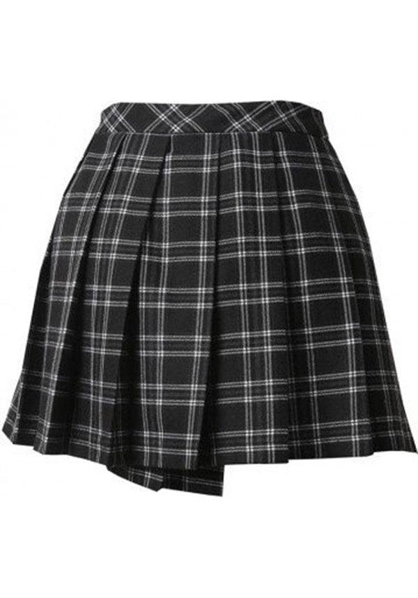 Pleated Grid Irregular [Black] | HEM SKIRT - Beserk - all, all clothing, all ladies, all ladies clothing, anime skirt, black, black and white, checkered, clickfrenzy15-2023, clothing, cosplay, dark in love, discountapp, edgy, fp, goth, gothic, grey, grunge, jun20, ladies, ladies clothing, ladies skirt, punk, repriced090623, rock, short skirt, skirt, tartan, women, womens skirt