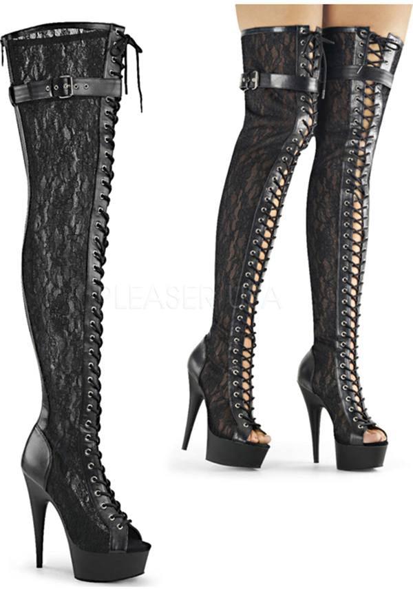 DELIGHT-3025ML [Black] | PLATFORM BOOTS [PREORDER] - Beserk - all, black, boots, boots [preorder], clickfrenzy15-2023, discountapp, fp, heels, heels [preorder], knee high, labelpreorder, labelvegan, lace, open toe, peep toe, pleaser, ppo, preorder, shoes, thigh high, vegan