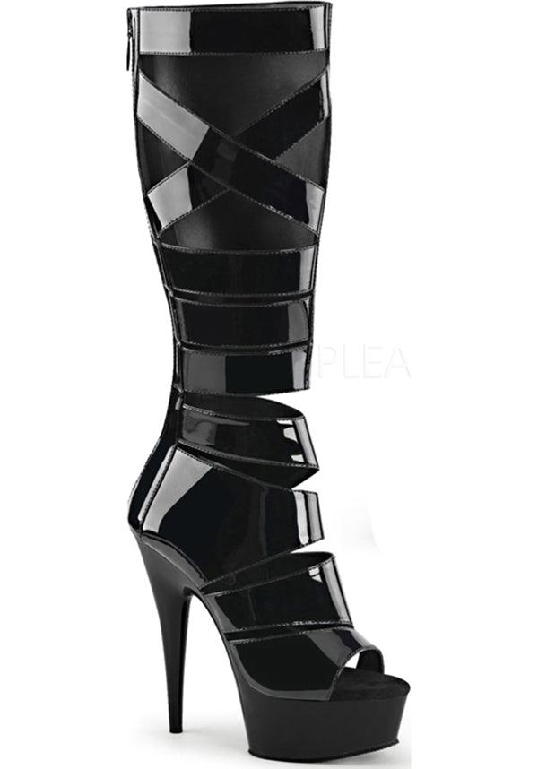 DELIGHT-600-49 [Patent Black] | PLATFORM BOOTS [PREORDER] - Beserk - all, black, boots, boots [preorder], clickfrenzy15-2023, discountapp, fp, heels, heels [preorder], knee high, knee high boots, labelpreorder, labelvegan, pleaser, ppo, preorder, shiny, shoes, vegan
