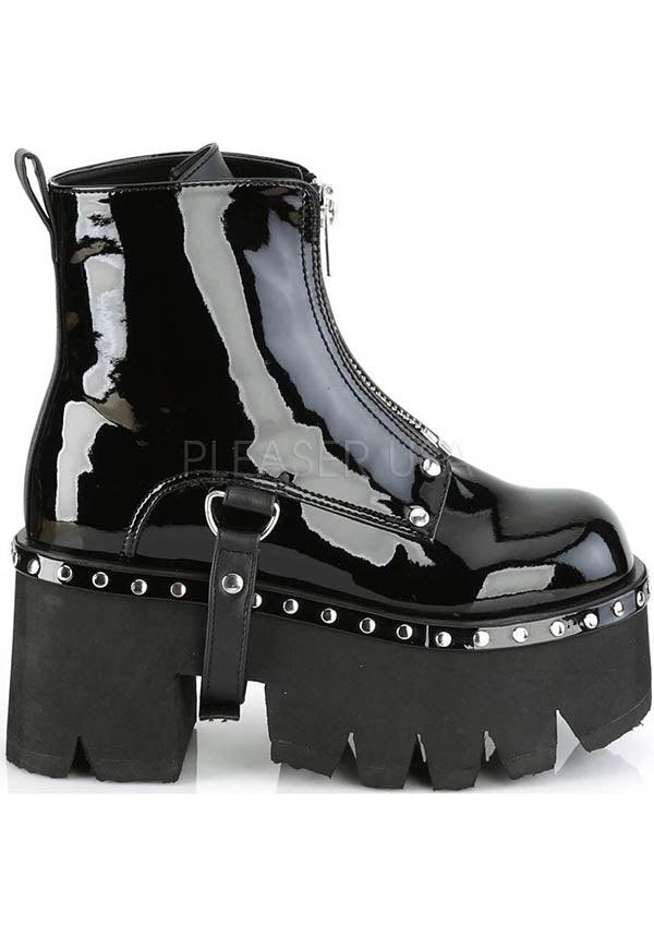 ASHES-100 [Black Patent] | BOOTS [PREORDER] - Beserk - all, ankle boots, black, boot, boots, boots [preorder], clickfrenzy15-2023, demonia, demonia shoes, discountapp, fp, goth, gothic, jul19, labelpreorder, labelvegan, patent, platforms, platforms [preorder], ppo, preorder, punk, shiny, shoes, vegan