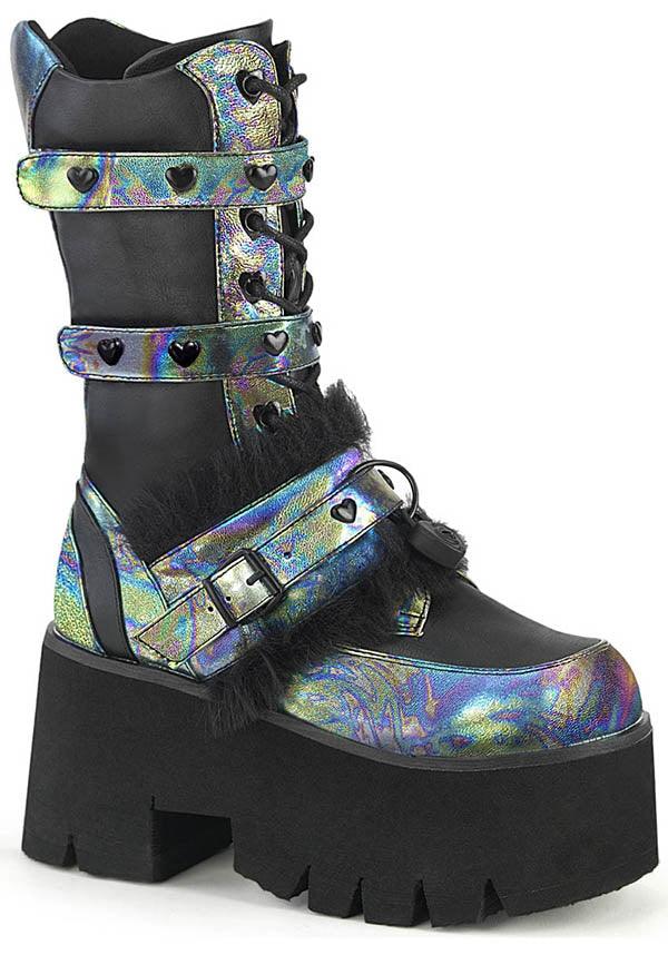 ASHES-120 [Black] | PLATFORM BOOTS [PREORDER] - Beserk - all, all ladies, black, boots, boots [preorder], clickfrenzy15-2023, demonia, demonia shoes, discountapp, fp, goth, gothic, holographic, labelpreorder, labelvegan, ladies, long boots, mid calf boots, platform boots, platforms, platforms [preorder], ppo, preorder, shoes, vegan