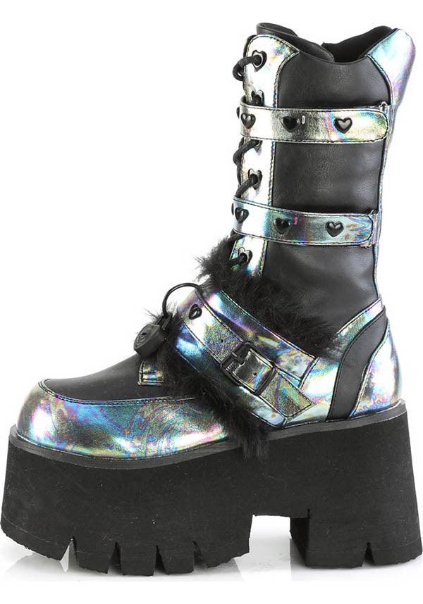 ASHES-120 [Black] | PLATFORM BOOTS [PREORDER] - Beserk - all, all ladies, black, boots, boots [preorder], clickfrenzy15-2023, demonia, demonia shoes, discountapp, fp, goth, gothic, holographic, labelpreorder, labelvegan, ladies, long boots, mid calf boots, platform boots, platforms, platforms [preorder], ppo, preorder, shoes, vegan