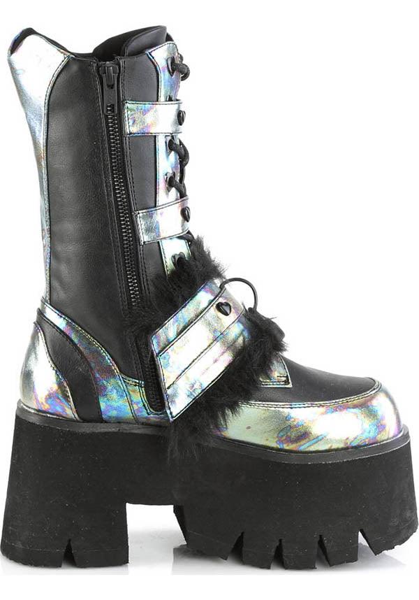 ASHES-120 [Black] | PLATFORM BOOTS [PREORDER] - Beserk - all, all ladies, black, boots, boots [preorder], clickfrenzy15-2023, demonia, demonia shoes, discountapp, fp, goth, gothic, holographic, labelpreorder, labelvegan, ladies, long boots, mid calf boots, platform boots, platforms, platforms [preorder], ppo, preorder, shoes, vegan