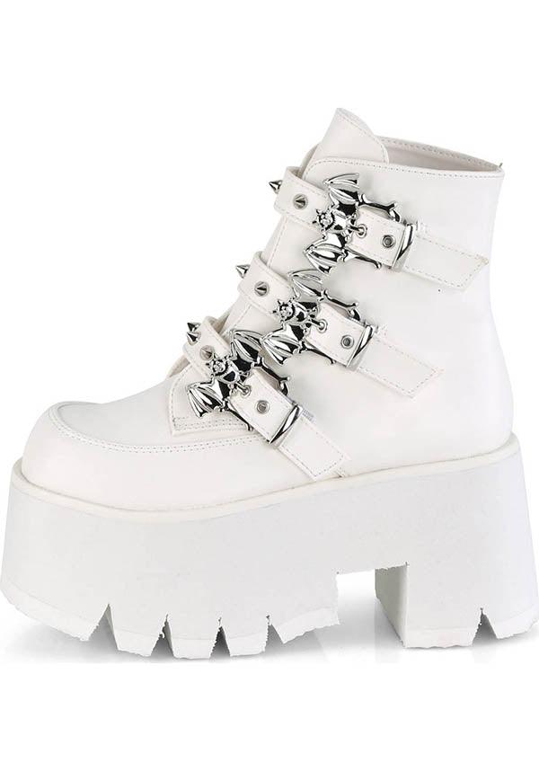 ASHES-55 [White] | PLATFORM BOOTS [PREORDER] - Beserk - all, ankle boots, bat, bats, boot, boots, boots [preorder], clickfrenzy15-2023, demonia, demonia shoes, discountapp, fp, goth, gothic, halloween, labelpreorder, labelvegan, ladies, oct19, platform, platforms, platforms [preorder], pleaserimageupdated, ppo, preorder, price, shoes, vegan, white