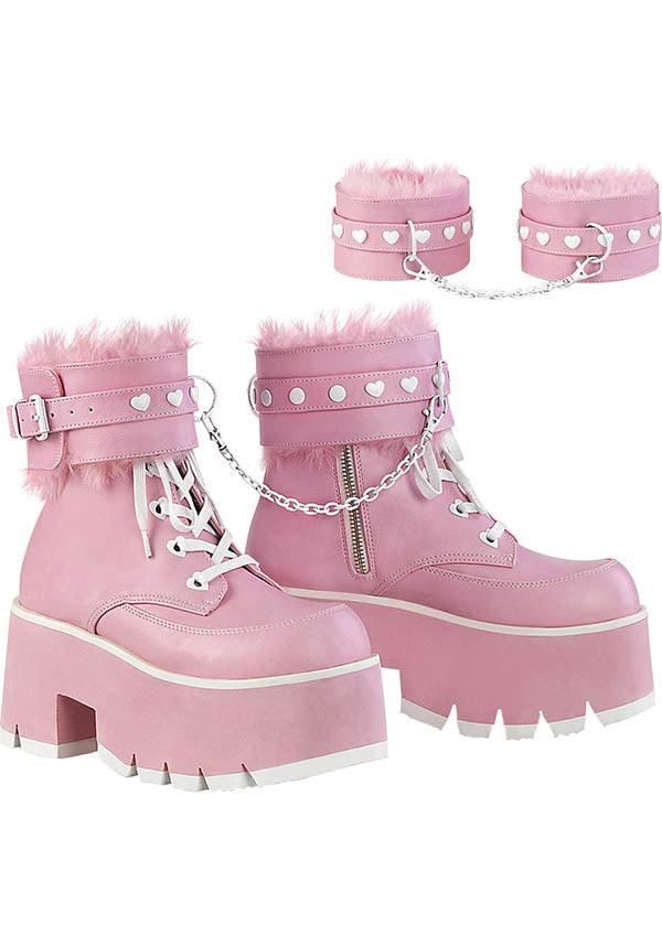 ASHES-57 [Baby Pink] | PLATFORM BOOTS [PREORDER] - Beserk - all, ankle boots, baby pink, boots, boots [preorder], chain, clickfrenzy15-2023, colour:pink, demonia, demonia shoes, discountapp, fluffy, fp, heart, labelpreorder, labelvegan, light pink, pastel goth, pastel pink, pink, platform, platform boots, platforms, platforms [preorder], ppo, preorder, shoes, vegan
