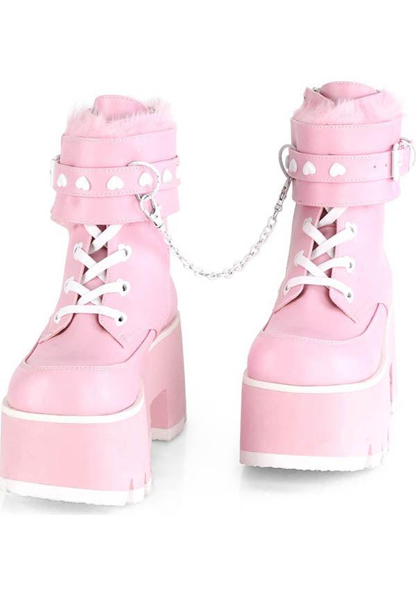 ASHES-57 [Baby Pink] | PLATFORM BOOTS [PREORDER] - Beserk - all, ankle boots, baby pink, boots, boots [preorder], chain, clickfrenzy15-2023, colour:pink, demonia, demonia shoes, discountapp, fluffy, fp, heart, labelpreorder, labelvegan, light pink, pastel goth, pastel pink, pink, platform, platform boots, platforms, platforms [preorder], ppo, preorder, shoes, vegan