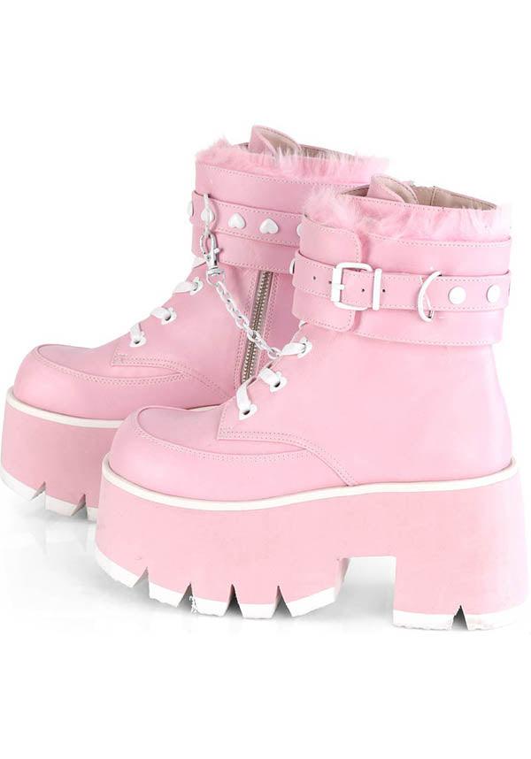 ASHES-57 [Baby Pink] | PLATFORM BOOTS [PREORDER] - Beserk - all, ankle boots, baby pink, boots, boots [preorder], chain, clickfrenzy15-2023, colour:pink, demonia, demonia shoes, discountapp, fluffy, fp, heart, labelpreorder, labelvegan, light pink, pastel goth, pastel pink, pink, platform, platform boots, platforms, platforms [preorder], ppo, preorder, shoes, vegan