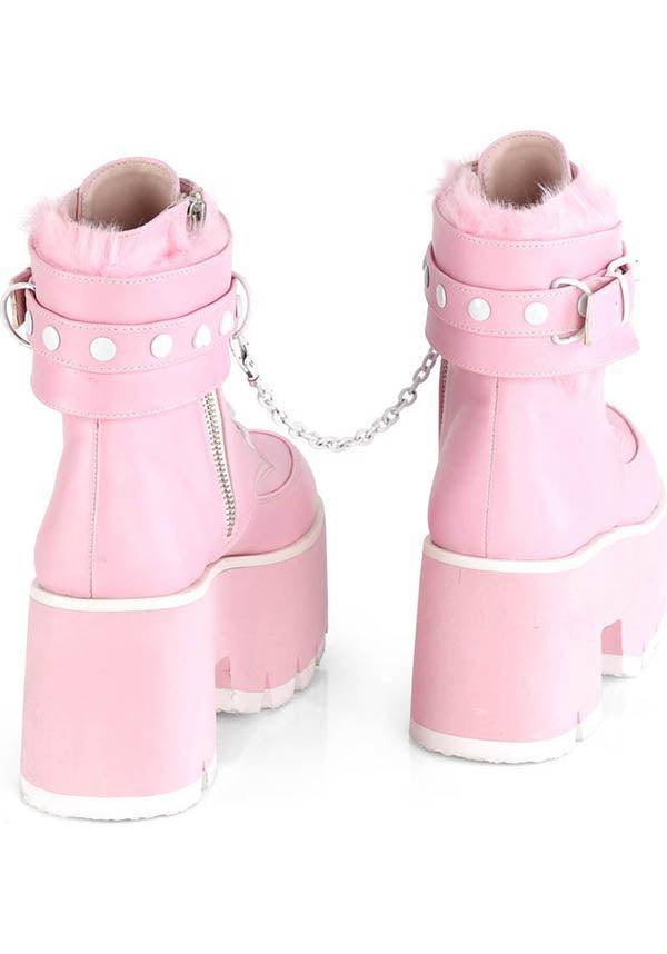ASHES-57 [Baby Pink] | PLATFORM BOOTS [PREORDER] - Beserk - all, ankle boots, baby pink, boots, boots [preorder], chain, clickfrenzy15-2023, colour:pink, demonia, demonia shoes, discountapp, fluffy, fp, heart, labelpreorder, labelvegan, light pink, pastel goth, pastel pink, pink, platform, platform boots, platforms, platforms [preorder], ppo, preorder, shoes, vegan