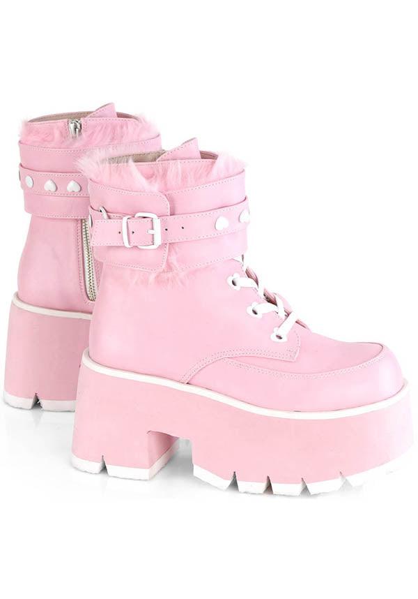 ASHES-57 [Baby Pink] | PLATFORM BOOTS [PREORDER] - Beserk - all, ankle boots, baby pink, boots, boots [preorder], chain, clickfrenzy15-2023, colour:pink, demonia, demonia shoes, discountapp, fluffy, fp, heart, labelpreorder, labelvegan, light pink, pastel goth, pastel pink, pink, platform, platform boots, platforms, platforms [preorder], ppo, preorder, shoes, vegan