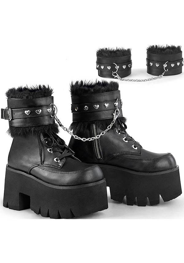 ASHES-57 [Black] | PLATFORM BOOTS [PREORDER] - Beserk - all, ankle boots, black, boots, boots [preorder], buckle, buckles, chain, clickfrenzy15-2023, demonia, demonia shoes, discountapp, fetish, fp, fur, goth, gothic, handcuff, heart, heart studs, labelpreorder, labelvegan, platform, platforms, platforms [preorder], ppo, preorder, shoes, vegan