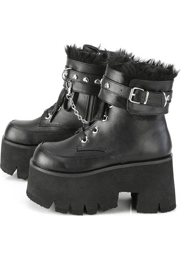ASHES-57 [Black] | PLATFORM BOOTS [PREORDER] - Beserk - all, ankle boots, black, boots, boots [preorder], buckle, buckles, chain, clickfrenzy15-2023, demonia, demonia shoes, discountapp, fetish, fp, fur, goth, gothic, handcuff, heart, heart studs, labelpreorder, labelvegan, platform, platforms, platforms [preorder], ppo, preorder, shoes, vegan