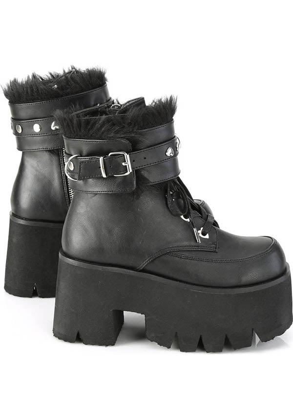 ASHES-57 [Black] | PLATFORM BOOTS [PREORDER] - Beserk - all, ankle boots, black, boots, boots [preorder], buckle, buckles, chain, clickfrenzy15-2023, demonia, demonia shoes, discountapp, fetish, fp, fur, goth, gothic, handcuff, heart, heart studs, labelpreorder, labelvegan, platform, platforms, platforms [preorder], ppo, preorder, shoes, vegan