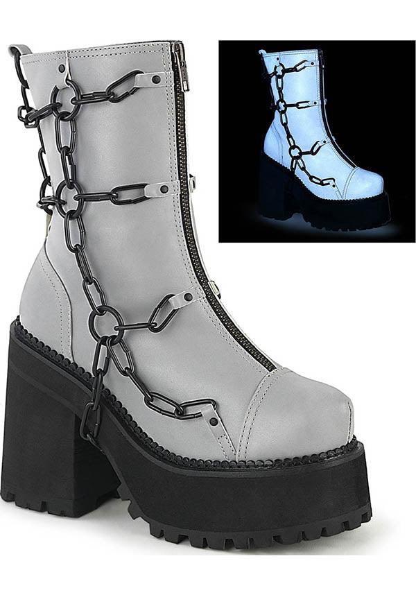 ASSAULT-66 [Grey Reflective] | PLATFORM BOOTS [PREORDER] - Beserk - all, ankle boots, boot, boots, boots [preorder], clickfrenzy15-2023, cyber, demonia, demonia shoes, discountapp, fp, goth, gothic, grey, labelpreorder, labelvegan, platform, platforms, platforms [preorder], ppo, preorder, punk, reflect, reflective, shoes, vegan