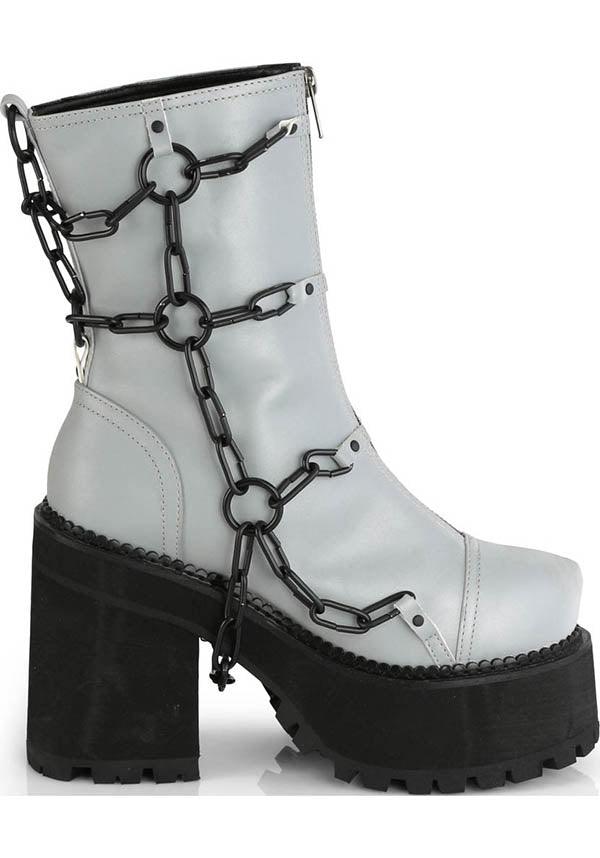 ASSAULT-66 [Grey Reflective] | PLATFORM BOOTS [PREORDER] - Beserk - all, ankle boots, boot, boots, boots [preorder], clickfrenzy15-2023, cyber, demonia, demonia shoes, discountapp, fp, goth, gothic, grey, labelpreorder, labelvegan, platform, platforms, platforms [preorder], ppo, preorder, punk, reflect, reflective, shoes, vegan