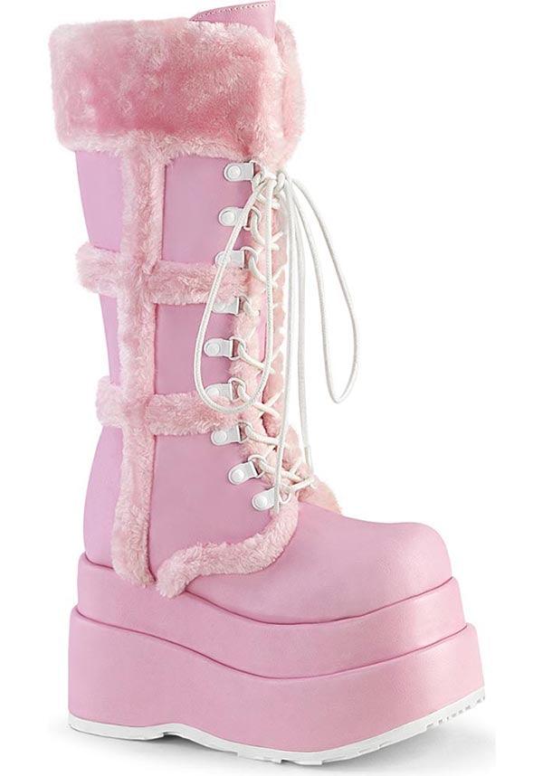 BEAR-202 [Baby Pink Vegan Leather] | PLATFORM BOOTS [PREORDER] - Beserk - all, boots, boots [preorder], clickfrenzy15-2023, demonia, demonia shoes, discountapp, fluffy, fp, fur, furry, googleshopping, labelpreorder, labelvegan, light pink, long boots, mid calf boots, pastel pink, pink, platform boots, platforms, platforms [preorder], ppo, preorder, shoes, vegan, winter, winter clothing, winter wear