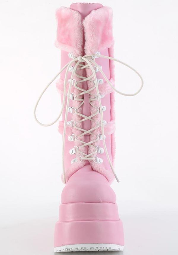 BEAR-202 [Baby Pink Vegan Leather] | PLATFORM BOOTS [PREORDER] - Beserk - all, boots, boots [preorder], clickfrenzy15-2023, demonia, demonia shoes, discountapp, fluffy, fp, fur, furry, googleshopping, labelpreorder, labelvegan, light pink, long boots, mid calf boots, pastel pink, pink, platform boots, platforms, platforms [preorder], ppo, preorder, shoes, vegan, winter, winter clothing, winter wear