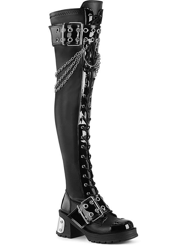 BRATTY-304 [Black Vegan Leather] | BOOTS [PREORDER] - Beserk - all, black, boots, boots [preorder], buckle, buckles, chain, chains, clickfrenzy15-2023, demonia, demonia shoes, discountapp, fp, googleshopping, goth, gothic, labelpreorder, labelvegan, long boots, ppo, preorder, shoes, thigh high boots, vegan