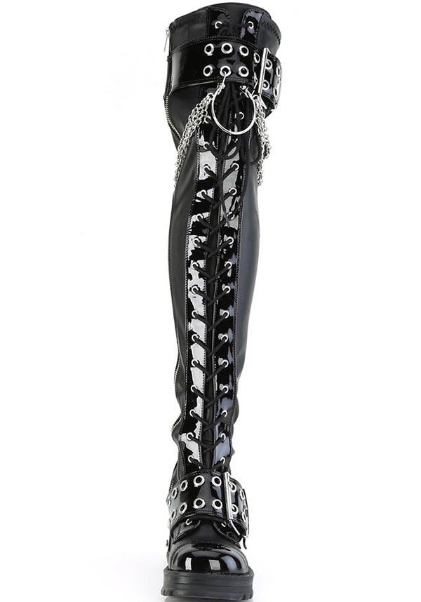 BRATTY-304 [Black Vegan Leather] | BOOTS [PREORDER] - Beserk - all, black, boots, boots [preorder], buckle, buckles, chain, chains, clickfrenzy15-2023, demonia, demonia shoes, discountapp, fp, googleshopping, goth, gothic, labelpreorder, labelvegan, long boots, ppo, preorder, shoes, thigh high boots, vegan