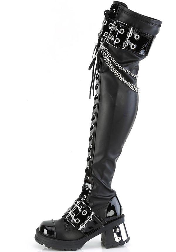 BRATTY-304 [Black Vegan Leather] | BOOTS [PREORDER] - Beserk - all, black, boots, boots [preorder], buckle, buckles, chain, chains, clickfrenzy15-2023, demonia, demonia shoes, discountapp, fp, googleshopping, goth, gothic, labelpreorder, labelvegan, long boots, ppo, preorder, shoes, thigh high boots, vegan